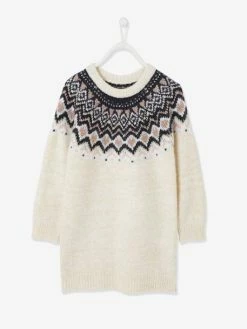 Robe Jacquard Fille En Tricot Irisé Ecru - Vertbaudet
