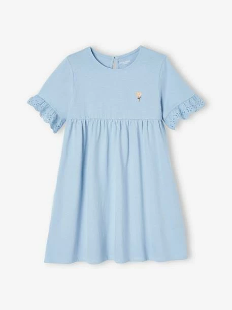 Robe Manches Courtes En Broderie Anglaise Fille Bleu Grisé - Vertbaudet 1 Robe Manches Courtes En Broderie Anglaise Fille Bleu Grisé - Vertbaudet