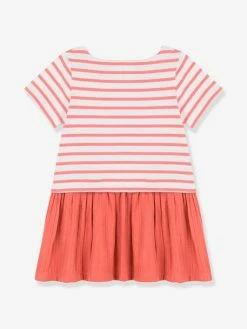 Alternative view of Robe Manches Courtes En Jersey Et Gaze De Coton Bio PETIT BATEAU Rayé Papaye - Petit Bateau