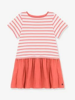 Robe Manches Courtes En Jersey Et Gaze De Coton Bio PETIT BATEAU Rayé Papaye - Petit Bateau