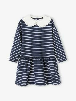 Robe Marinière Col Claudine Fille Encre Rayé - Vertbaudet