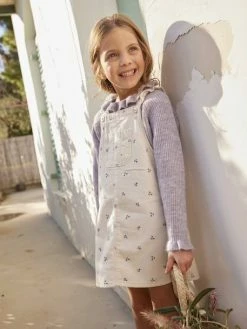 Robe-salopette à Fleurs Bretelles à Volants Gris Perle - Vertbaudet