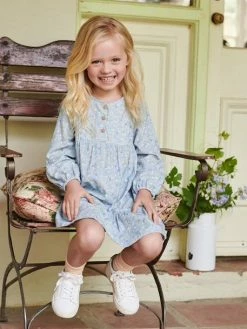 Robe Volantée à Fleurs Fille Détail Matelassé Fantaisie Bleu Ciel - Vertbaudet