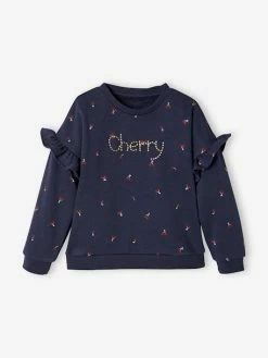 Sweat à Volants Fille Détails Fantaisie Bleu Imprimé Cerises - Vertbaudet