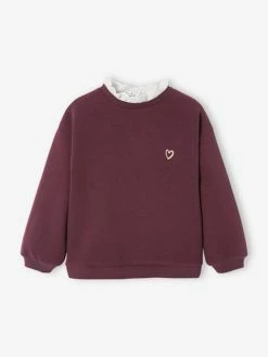 Sweat Col Montant En Broderie Anglaise Fille Prune - Vertbaudet