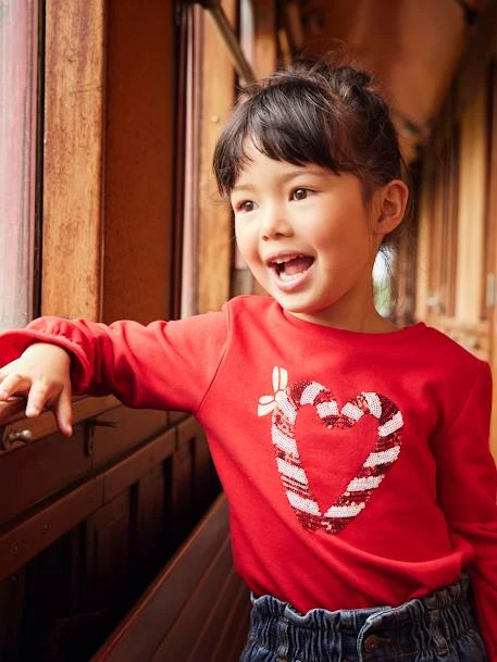 Sweat De Noël Motif Coeur En Sequins Détails Irisés Rouge - Vertbaudet 1 Sweat De Noël Motif Coeur En Sequins Détails Irisés Rouge - Vertbaudet