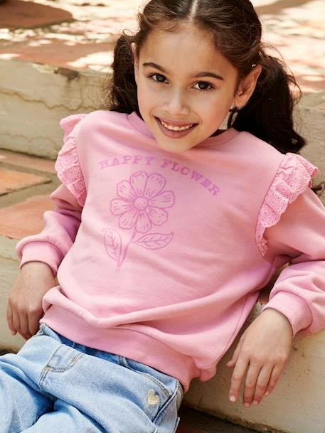 Sweat Motif Fleur Flocké Fille Volants En Broderie Anglaise Rose Bonbon - Vertbaudet 3 Sweat Motif Fleur Flocké Fille Volants En Broderie Anglaise Rose Bonbon - Vertbaudet – Image 3