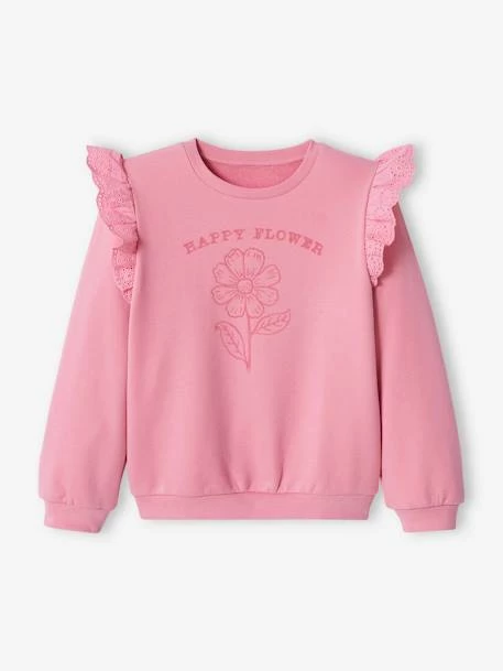 Sweat Motif Fleur Flocké Fille Volants En Broderie Anglaise Rose Bonbon - Vertbaudet 4 Sweat Motif Fleur Flocké Fille Volants En Broderie Anglaise Rose Bonbon - Vertbaudet – Image 4