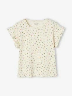 T-shirt à Côtes Imprimé Fleurs Fille Encre - Vertbaudet