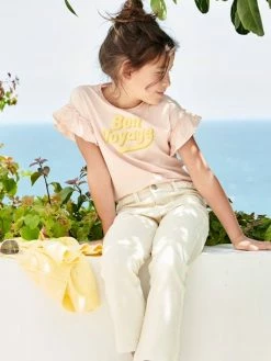 T-shirt à Message En Encre Gonflante Fille Manches Courtes Volantées Rose Pâle - Vertbaudet