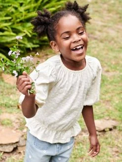 T-shirt Blouse Brodé Fleurs Fille écru - Vertbaudet