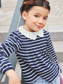 Alternative view of T-shirt Blouse Col En Broderie Anglaise Fille Marine Rayé - Vertbaudet