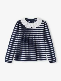 T-shirt Blouse Col En Broderie Anglaise Fille Marine Rayé - Vertbaudet -cyrillus boutique t shirt blouse col en broderie anglaise fille 2