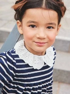 T-shirt Blouse Col En Broderie Anglaise Fille Marine Rayé - Vertbaudet