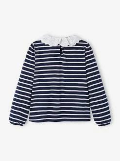 T-shirt Blouse Col En Broderie Anglaise Fille Marine Rayé - Vertbaudet -cyrillus boutique t shirt blouse col en broderie anglaise fille 3