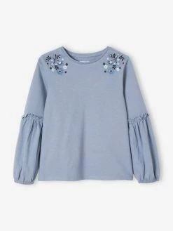 T-shirt Brodé Fleurs Fille Bleu Moyen - 18-3916 Tcx - Vertbaudet