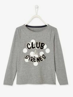 T-shirt Fille "club Des Sirènes" Détails Fantaisie Manches Longues Gris Clair Chiné - Vertbaudet