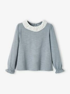 T-shirt Fille Col En Broderie Anglaise Rose Blush - Vertbaudet