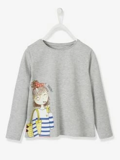 T-shirt Fille Motif "girly" Détails Brillants Et Pompons Gris Chiné - Vertbaudet
