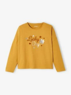 T-shirt "lucky" Détails Irisés Et Flocage Velours Fille Marron Clair - Vertbaudet