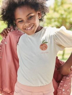 T-shirt Manches Boules Fille Motif Fruit Poitrine Rose Pâle - Vertbaudet