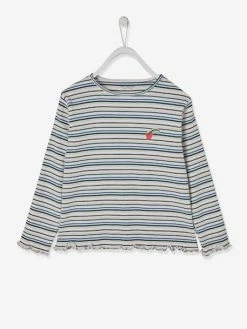 T-shirt Rayé En Côtes Fille Détail Coeur Irisé Ivoire Rayé - Vertbaudet