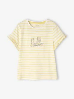 T-shirt Rayé Fille Manches Courtes Volantées écru - Vertbaudet