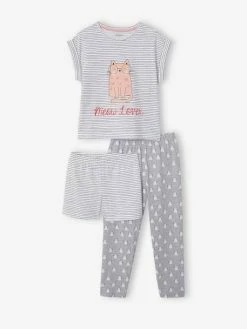 T-shirt + Short + Pantalon Pyjama Fille Lot Blanc Rayé - Vertbaudet