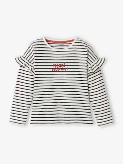 Tee-shirt à Message Manches Volantées Fille Blanc Rayé - Vertbaudet