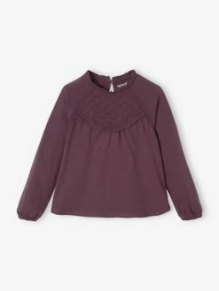 Tee-shirt Blouse Détail En Broderie Anglaise Fille Rose Poudré - Vertbaudet
