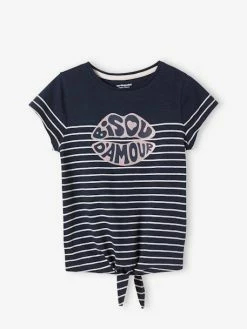 Tee-shirt Rayé Motif Girly à Paillettes Marine Rayé - Vertbaudet